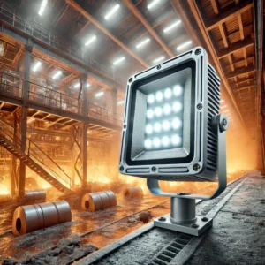 High-temperature LED floodlight in a UAE storage area, illuminating workers in safety gear amid industrial equipment and heat.